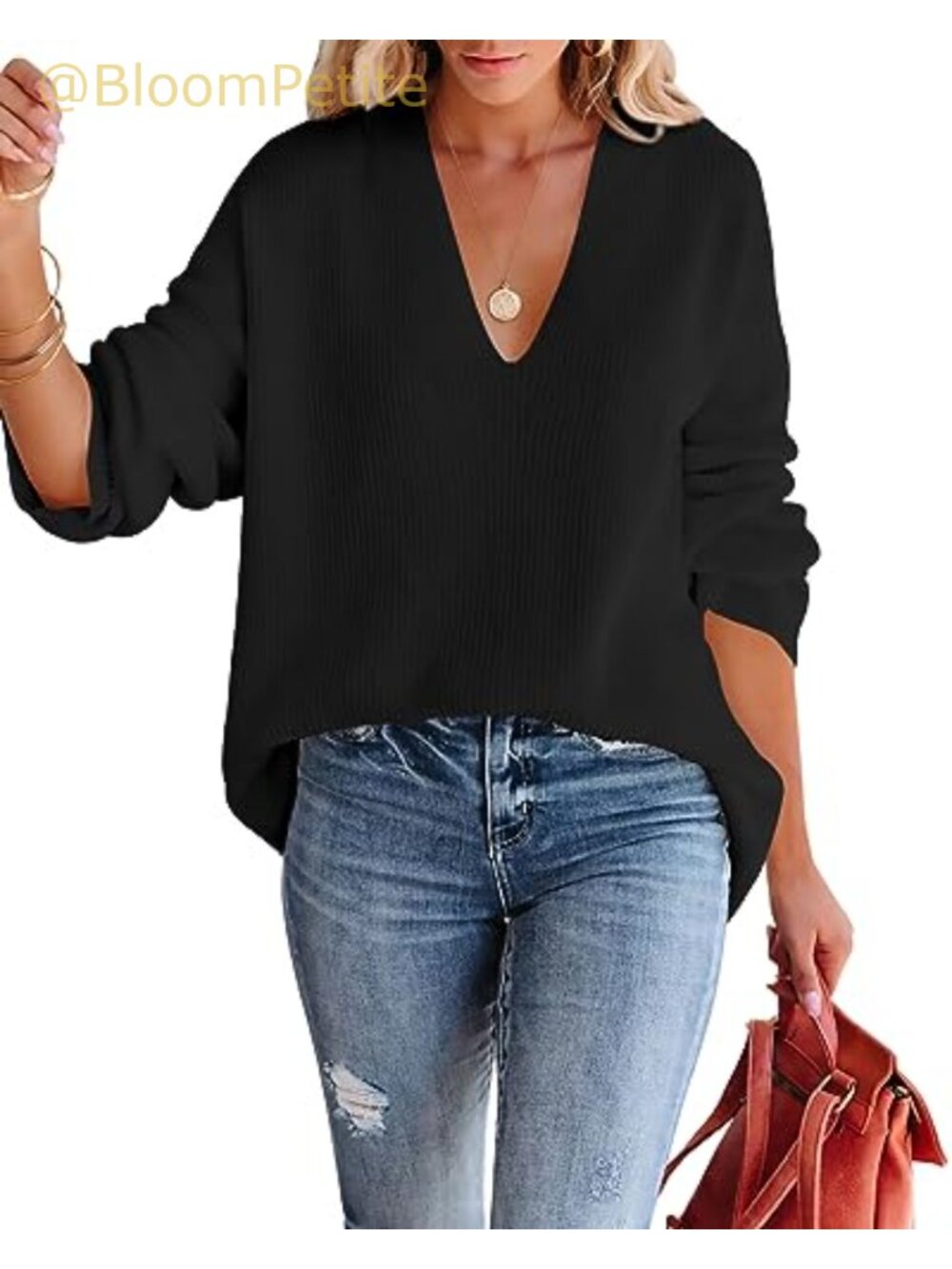Oversized Waffle Knit Deep V-Neck Tunic Sweater Loose Fit Pullover Jumper